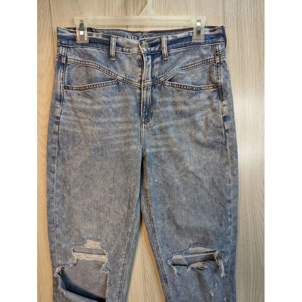 Distressed American Eagle Mom Jeans Womens Size 6 Stretch Blue Mid Rise Denim